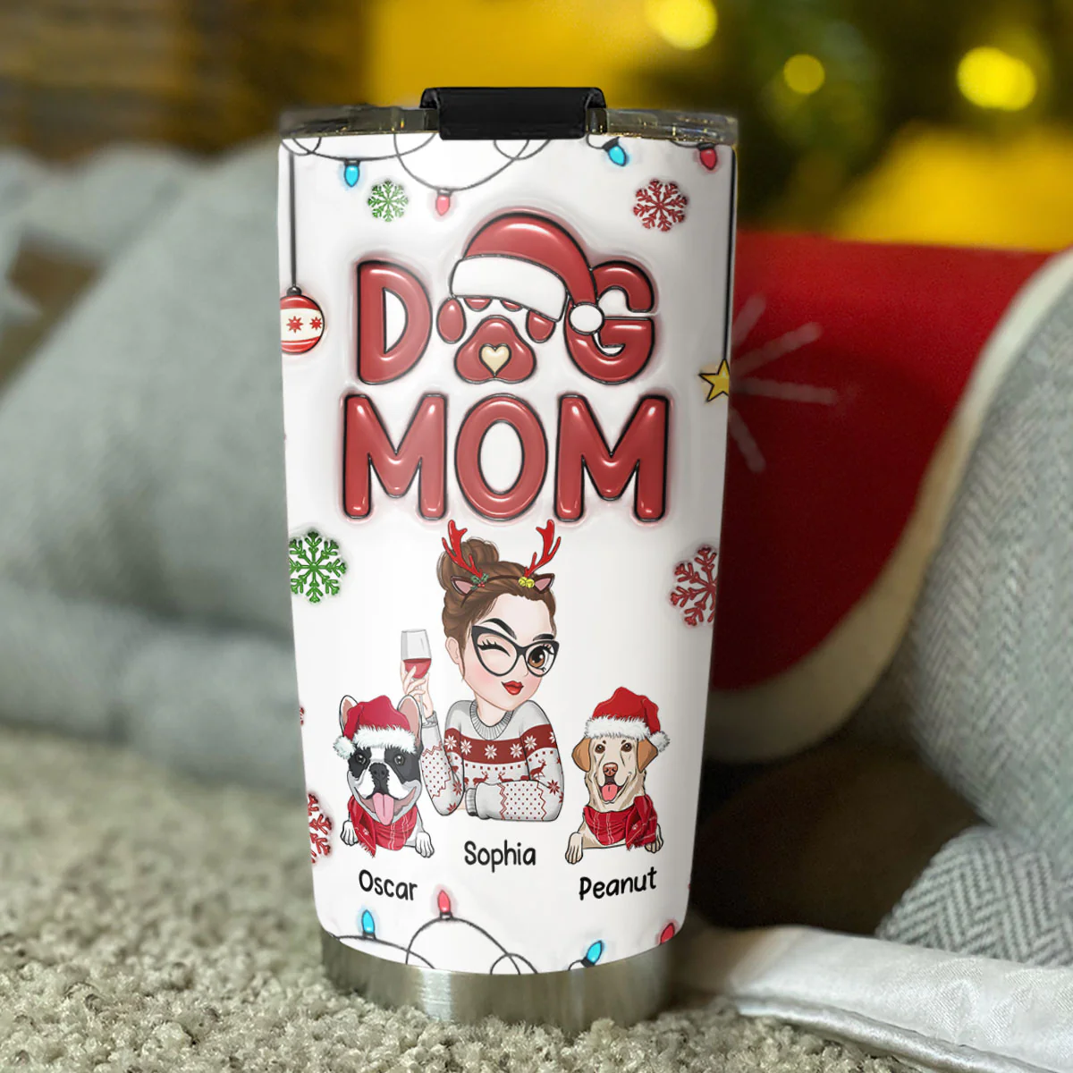 Christmas Lovely Dog Mom - Personalized Custom 3D Inflated Effect Tumbler - Image 3