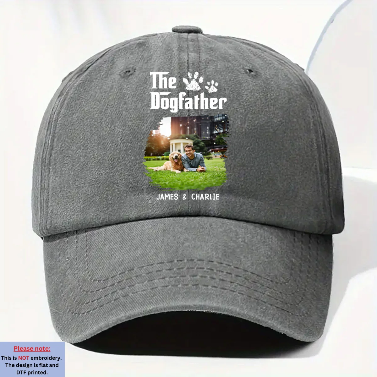 Cool Dog Father Photo - Personalized Custom Vintage Washed Denim Cap - Image 5