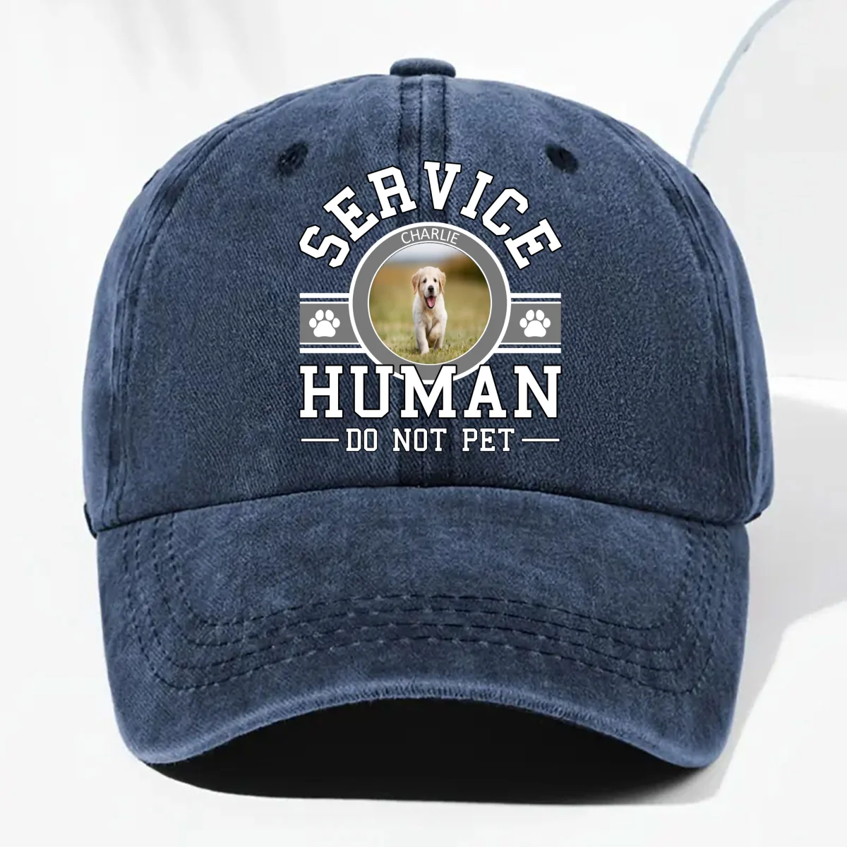 Dog Service Human Cartoon Photo - Personalized Custom Vintage Washed Denim Cap - Image 6