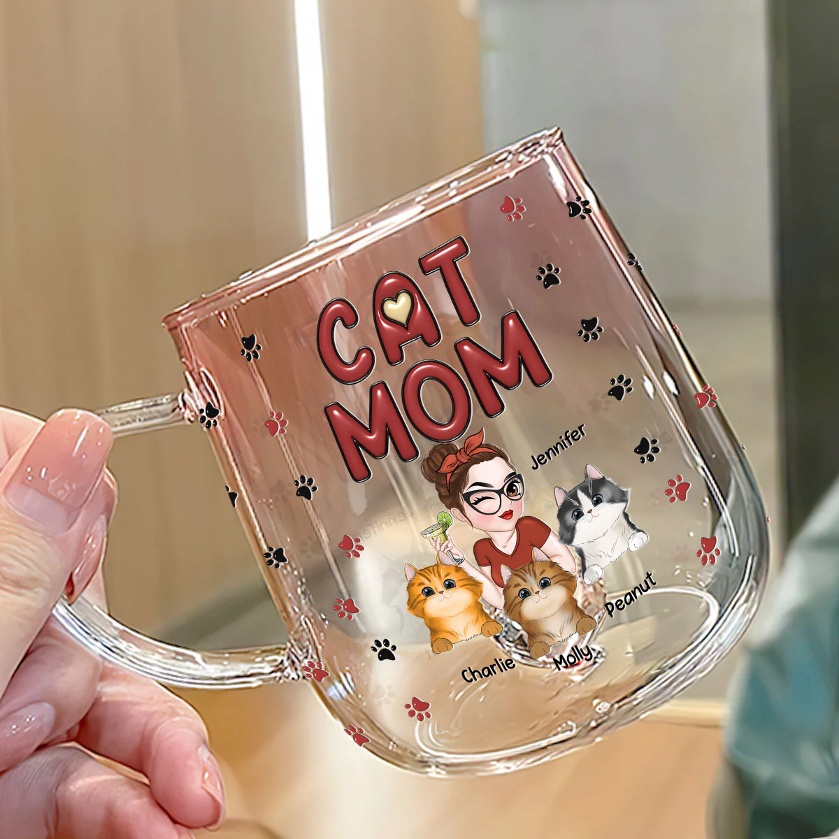 Lovely Cat Mom - Personalized Custom Pink Gradient Glass Mug - Image 3