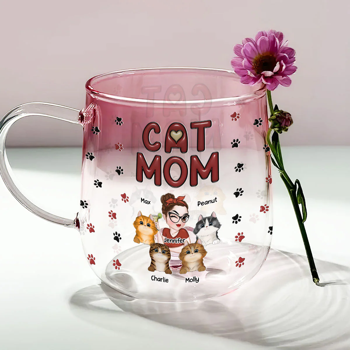 Lovely Cat Mom - Personalized Custom Pink Gradient Glass Mug - Image 4