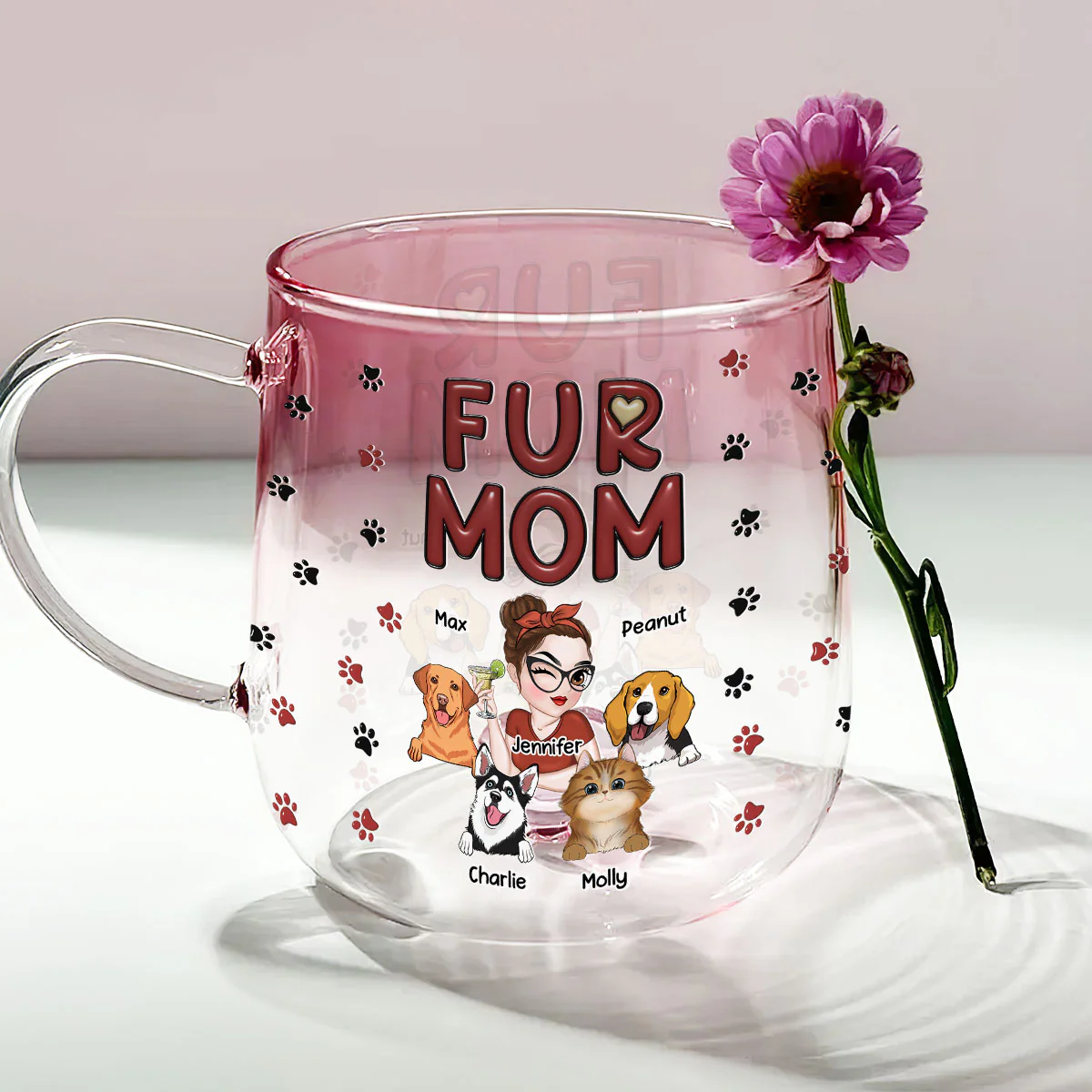Lovely Fur Mom - Personalized Custom Pink Gradient Glass Mug - Image 3