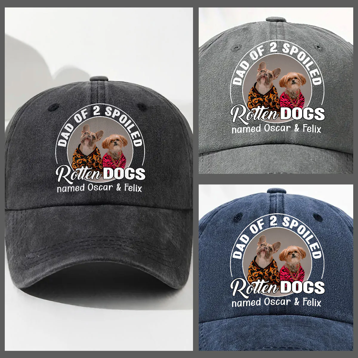 Lovely Spoiled Rotten Dog Chibi Cartoon Photo - Personalized Custom Vintage Washed Denim Cap - Image 3