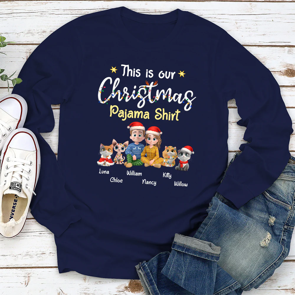 Pawjama Shirt Cat Christmas Ver Couple - Personalized Custom Long Sleeve T-Shirt - Image 3