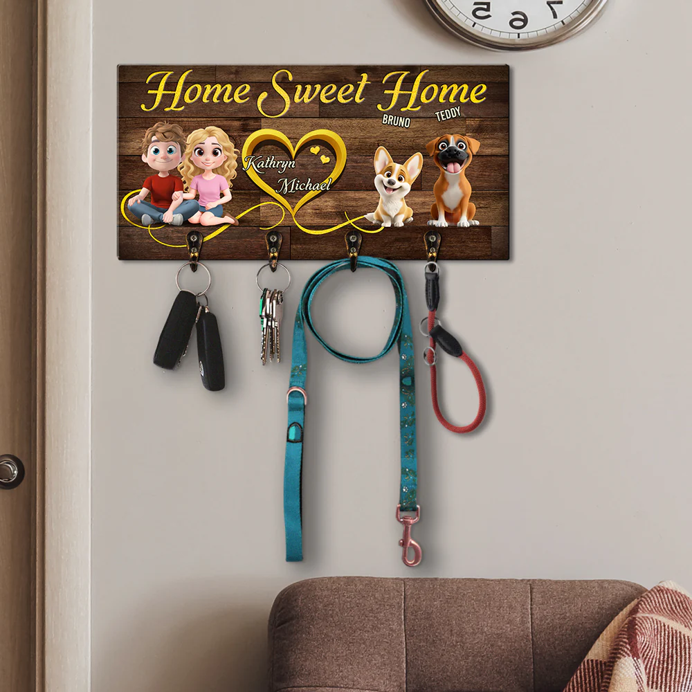 Sweet Dog And Human Family - Personalized Custom Wooden Key Holder - Image 3