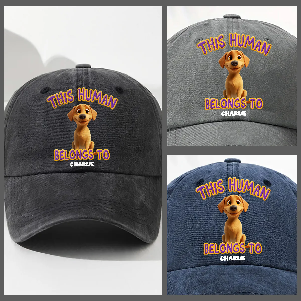 This Human Belongs To Lovely Dog - Personalized Custom Vintage Washed Denim Cap - Image 4