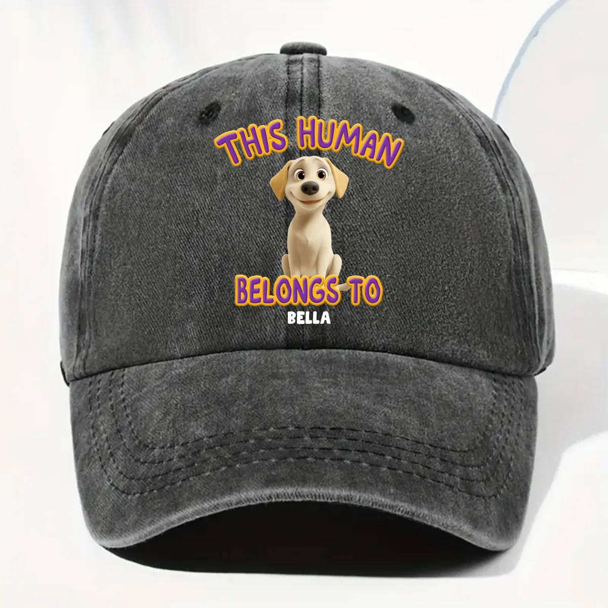 This Human Belongs To Lovely Dog - Personalized Custom Vintage Washed Denim Cap - Image 7